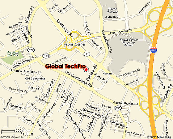 Map showing location of Global TechPro in relation to Tysons Corner, VA area.
